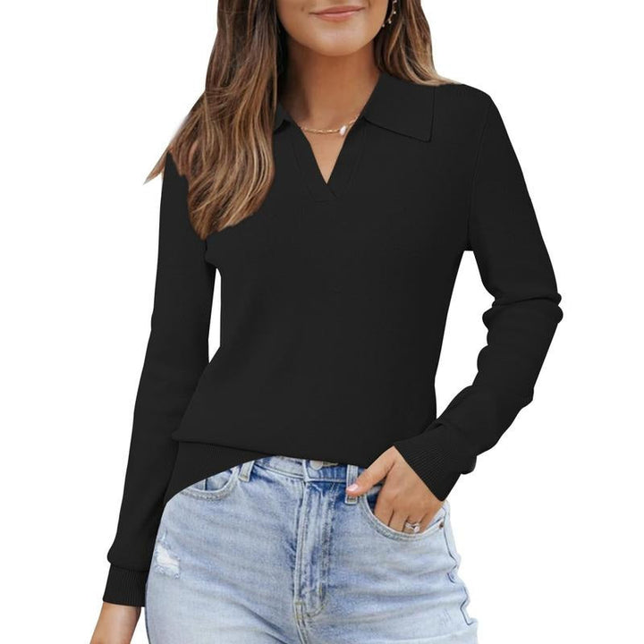 Sophisticated women's collared knit top with a tailored fit, blending casual chic with professional elegance.
