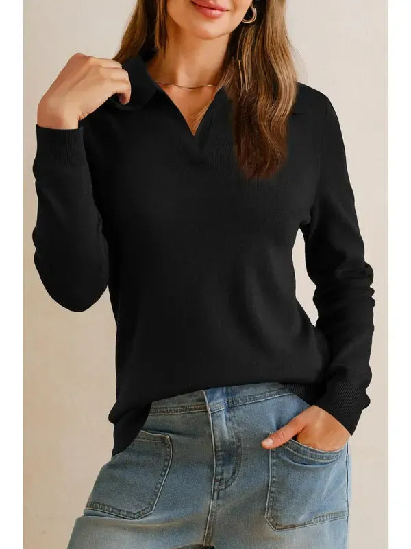 Stylish women's elegant collared knit top, offering a tailored silhouette for versatile work and casual wear.