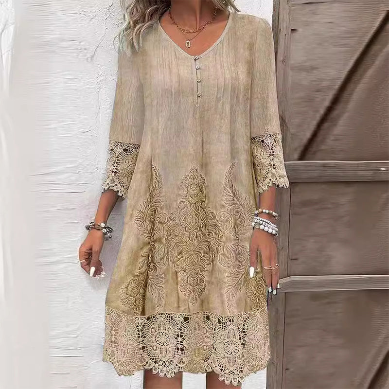 Relaxed fit elegant women's midi shift dress with beautiful lace detailing and stylish three-quarter sleeves.