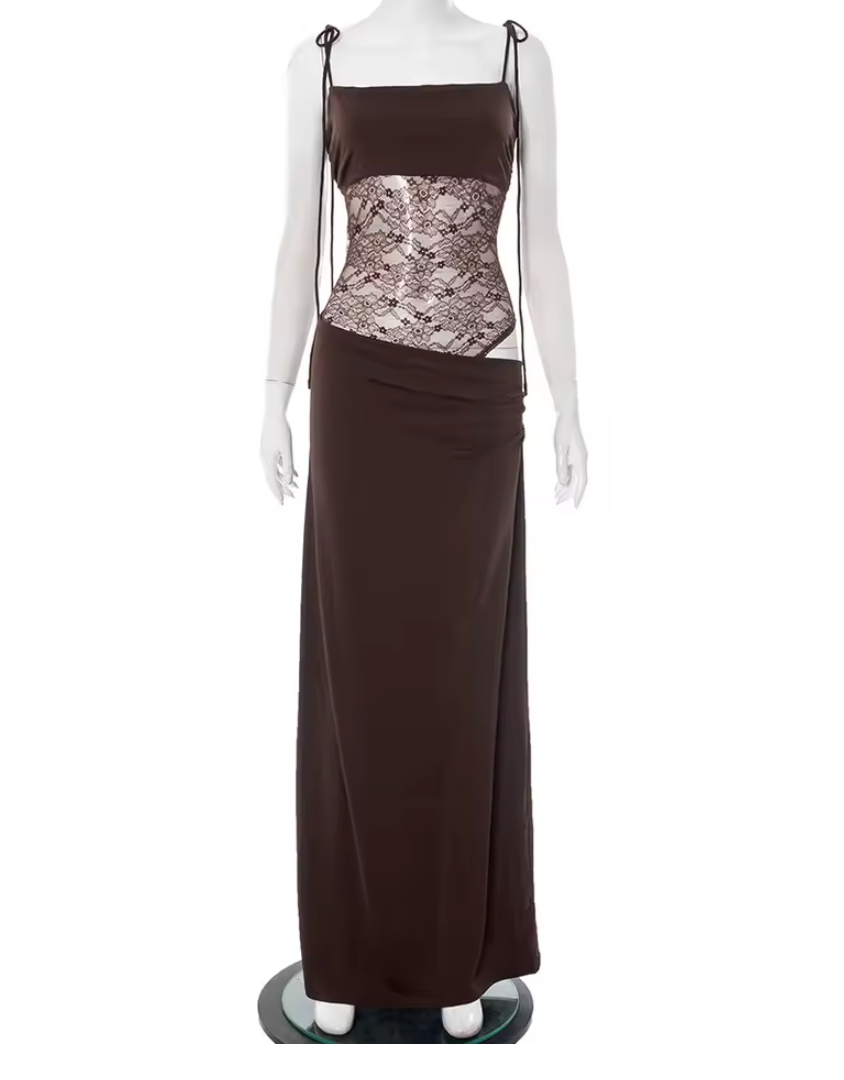 Chic formal lace maxi dress for women, ideal for wedding guests & cocktail events. Square neck style.