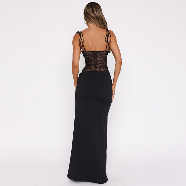 Sophisticated women's lace maxi dress for wedding guests. Square neck and tie straps create a chic look.
