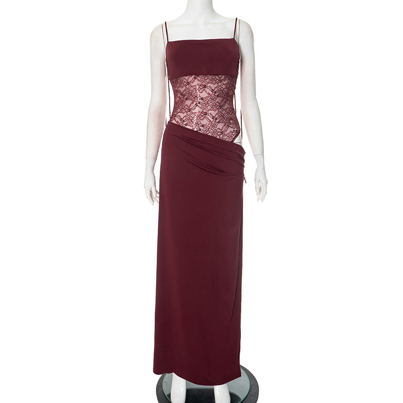 Elegant women's lace wedding guest dress, maxi length. Square neckline & delicate tie shoulder straps.