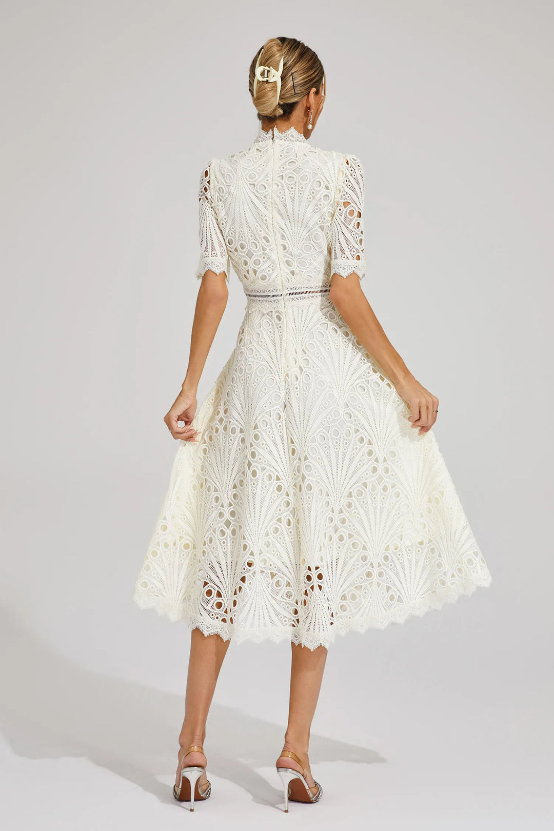 Versatile elegant lace midi dress for women. Suitable for weddings, parties, & formal events.