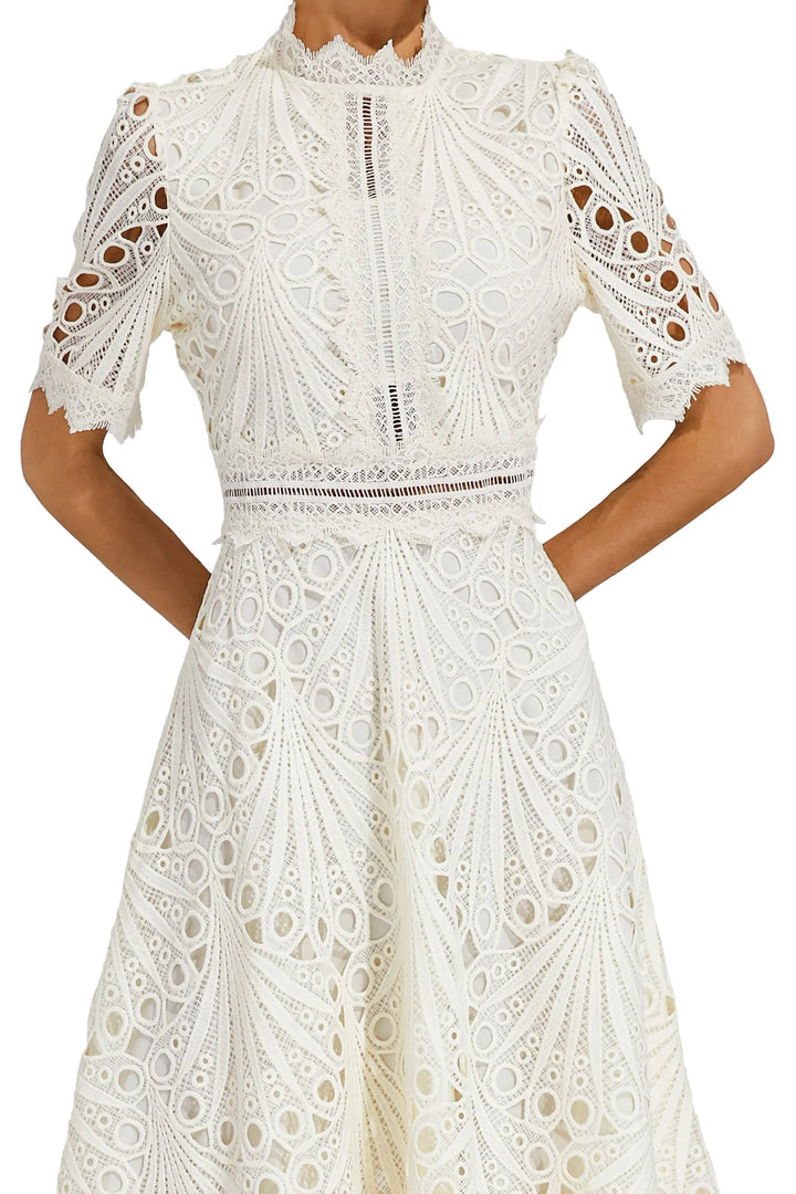 Hot pink elegant lace midi dress. Feminine, tailored fit for weddings & special occasions.