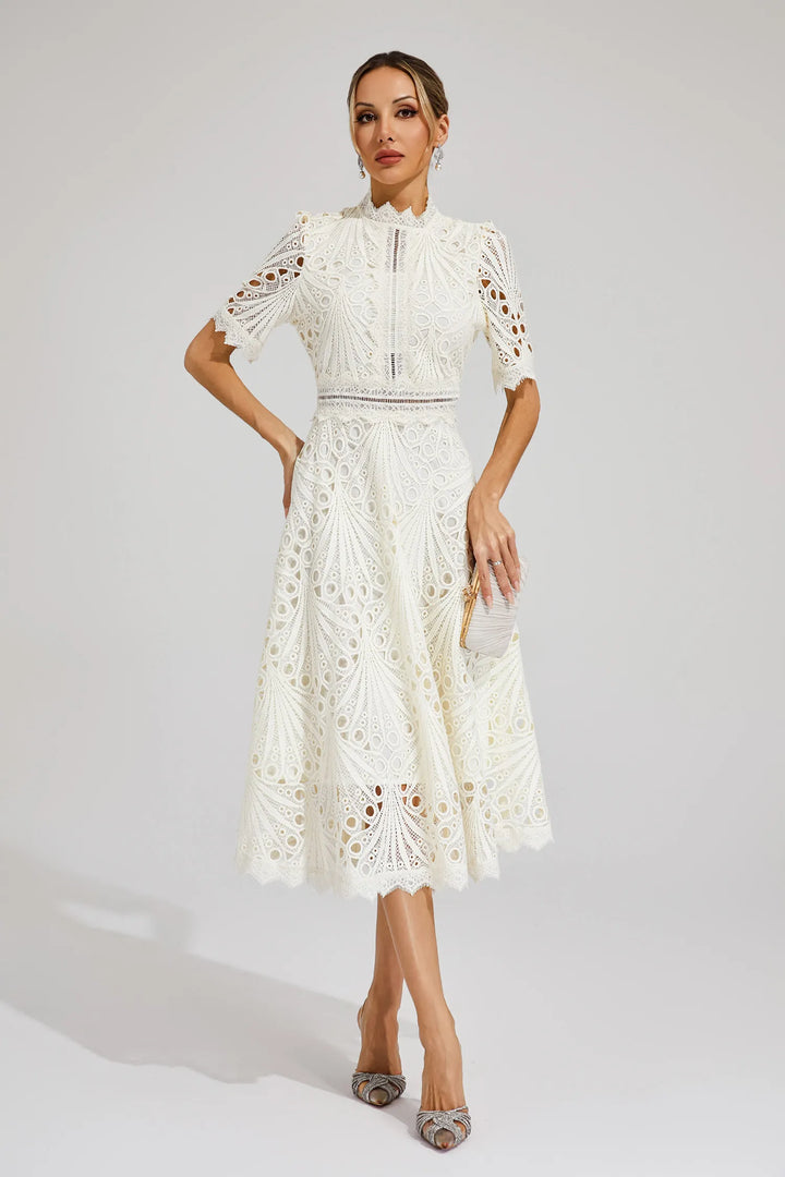 Classic white elegant lace midi dress. Perfect for spring/summer weddings & formal events.