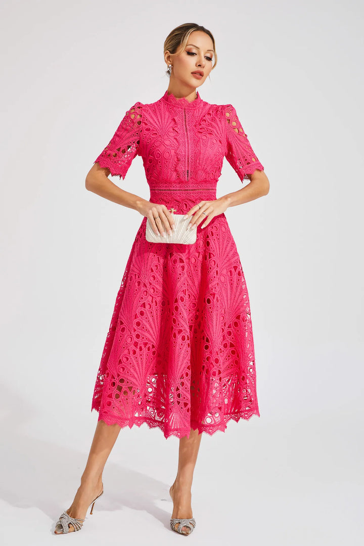 Stunning hot pink lace midi dress for women. Ideal wedding guest or party attire.