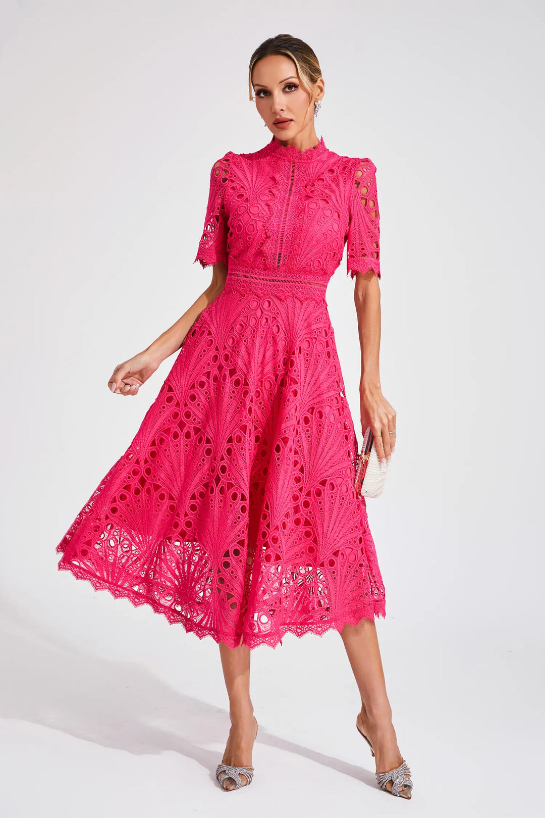 Elegant white lace midi dress, perfect for spring/summer special occasions & formal events.