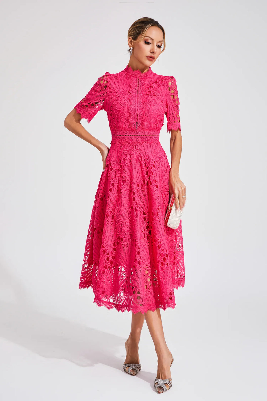 Feminine lace midi dress for women. Tailored fit, ideal for elegant party & wedding guest attire.