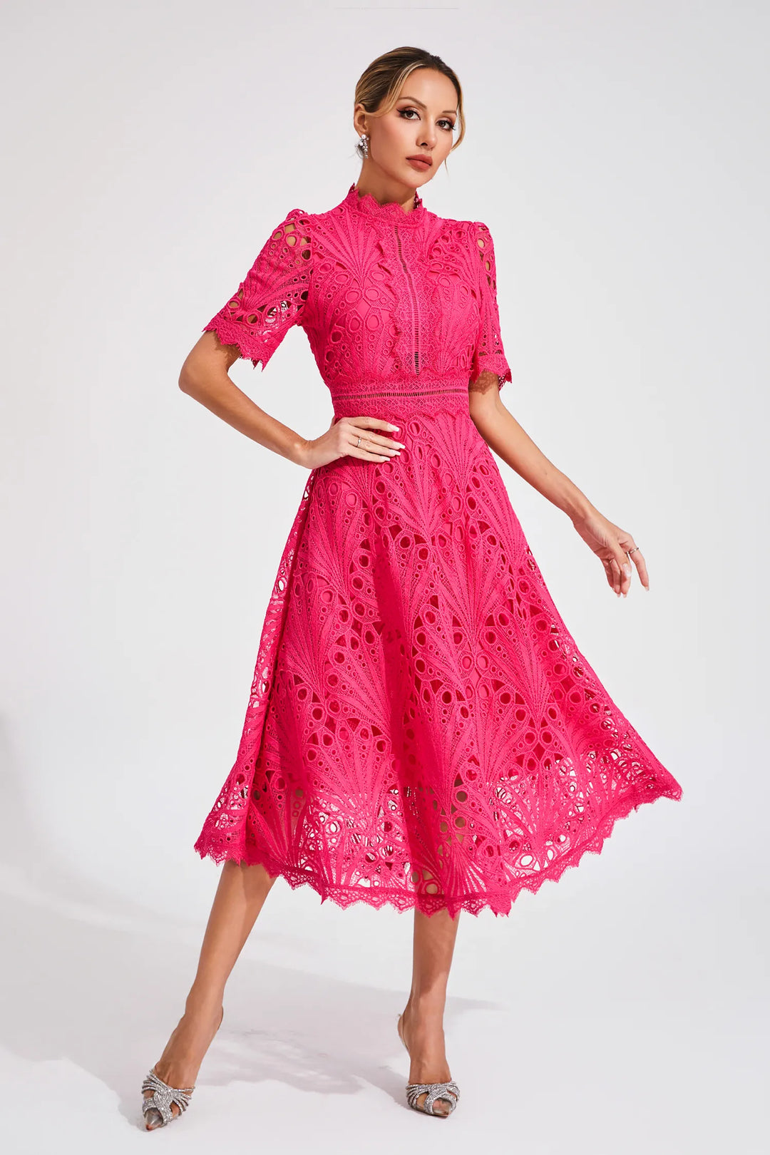 Chic wedding guest midi dress with elegant lace detail. Perfect for spring & summer events.