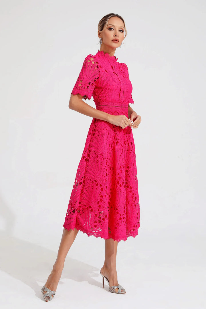 Tailored fit women's elegant lace midi dress. Sophisticated style for formal & special occasions.
