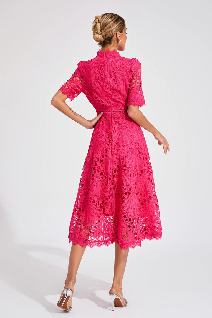 Beautiful summer lace midi dress for women. Elegant and feminine, perfect for warm weather weddings.