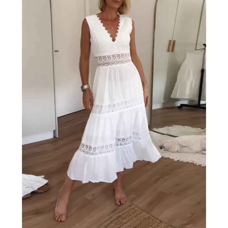 V-neck sleeveless lace midi dress for women, providing a sophisticated yet comfortable look for any occasion.