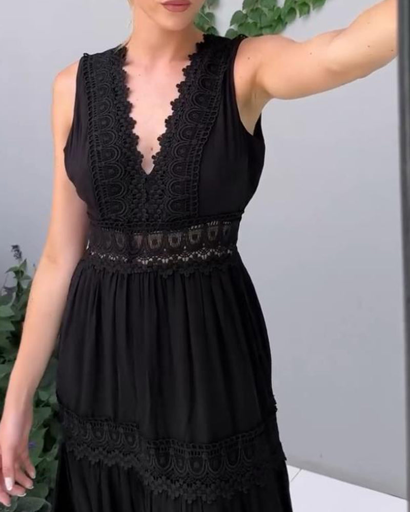Chic A-line lace midi dress for women, featuring a V-neck and sleeveless style, perfect for summer.