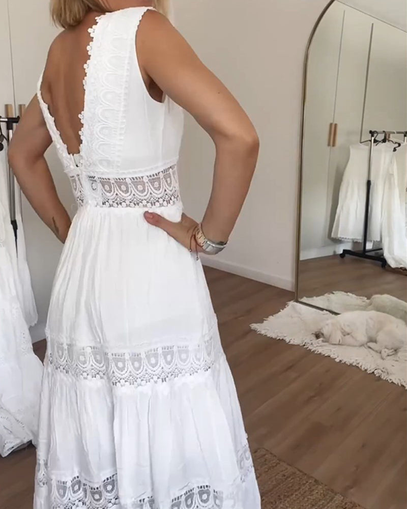 Casual sleeveless lace midi dress for women, offering effortless style and comfort for summer days.
