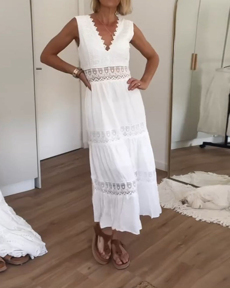 Beautiful lace midi dress with an elegant V-neckline and flattering A-line cut for women.