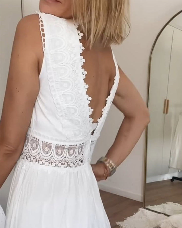 Stylish women's summer lace midi dress, sleeveless and flowy, designed for comfort and elegance.