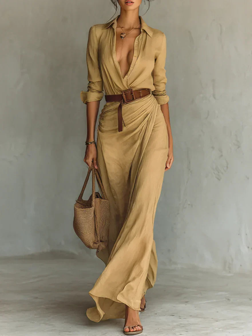 Elegant women's lapel long sleeve belted maxi dress, perfect for sophisticated day or evening wear.