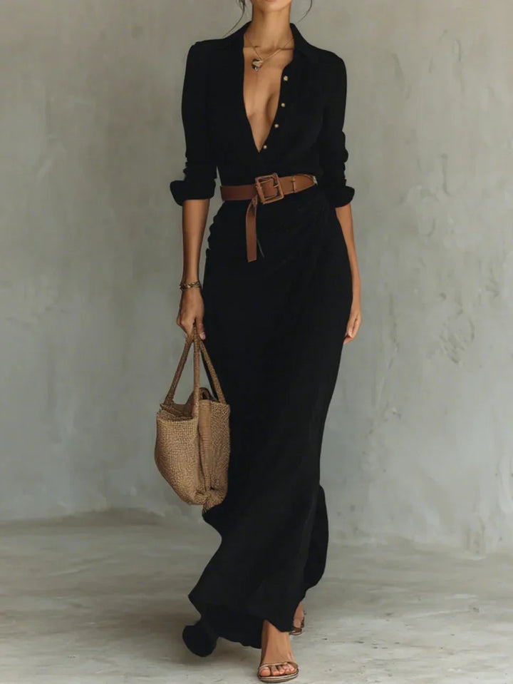 Chic women's maxi dress with lapel & long sleeves, a versatile belted design for formal or casual elegance.