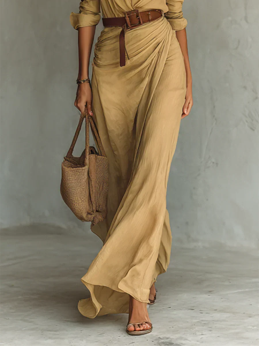 Flattering women's long sleeve maxi dress with a stylish lapel collar and adjustable belt for a sophisticated look.