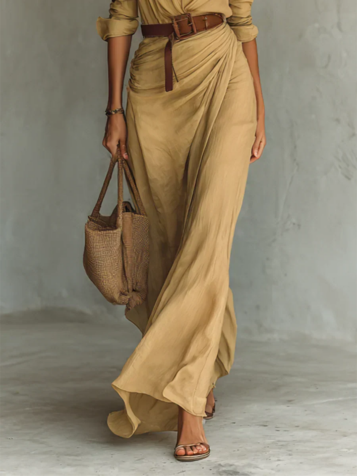 Flattering women's long sleeve maxi dress with a stylish lapel collar and adjustable belt for a sophisticated look.