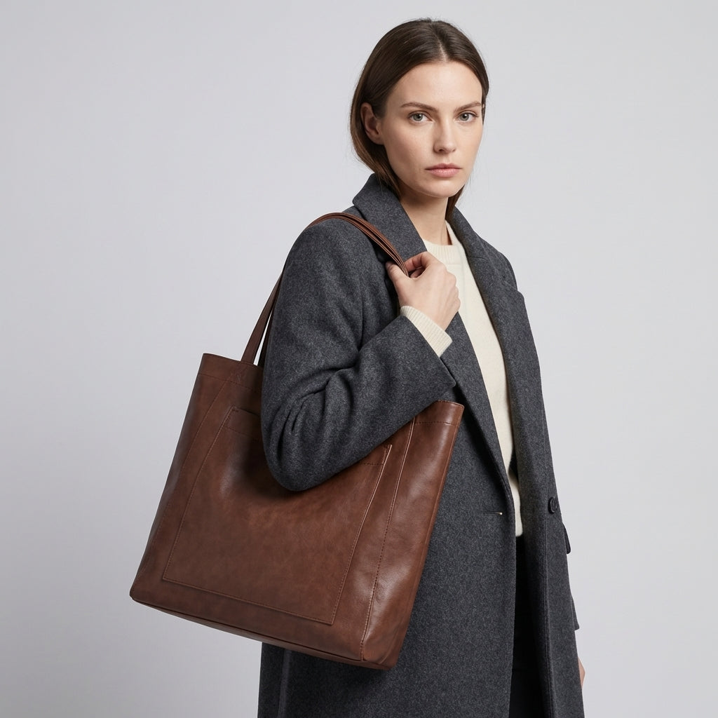 Stylish black women's large tote handbag, versatile for work, travel, or everyday use, featuring an exterior pocket.