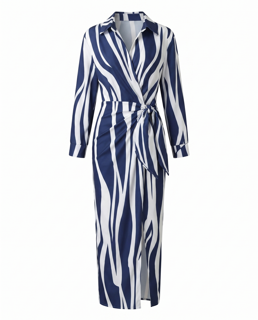 Women's elegant leaf print maxi dress, collared v-neck wrap style, long sleeves, and graceful side slit.