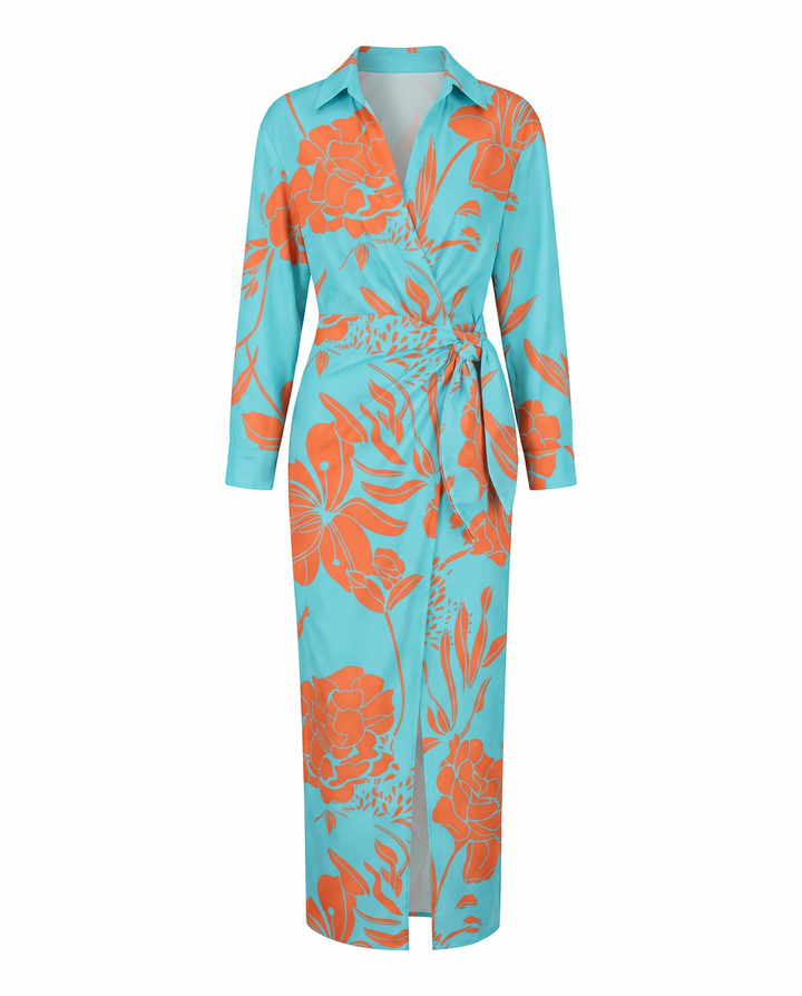 Women's occasion wear: Elegant leaf print wrap maxi dress, collared v-neck, long sleeves, and side slit.