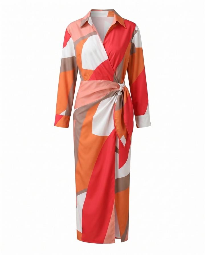 Spring/summer women's elegant leaf print maxi dress, wrap design, long sleeve with graceful side slit.