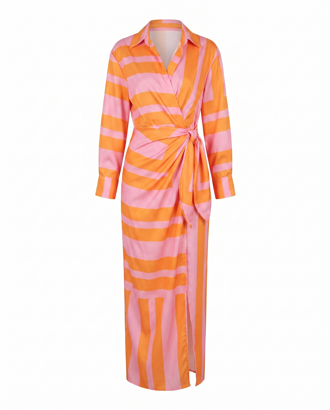 Stylish women's long sleeve wrap maxi dress, featuring elegant leaf print, collared v-neck, & side slit.