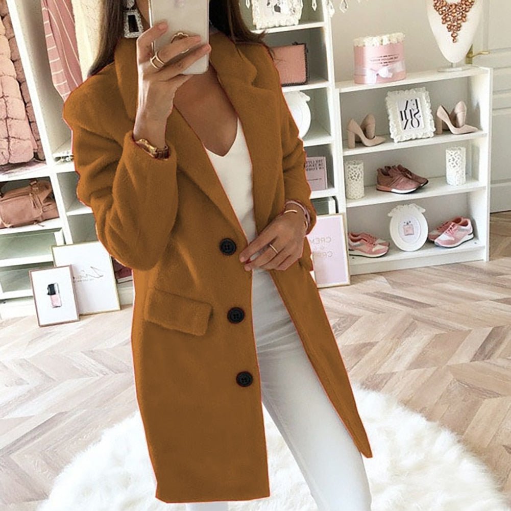Stylish women's long blazer coat, perfect elegant outerwear for professional wear & modern fashion layering.