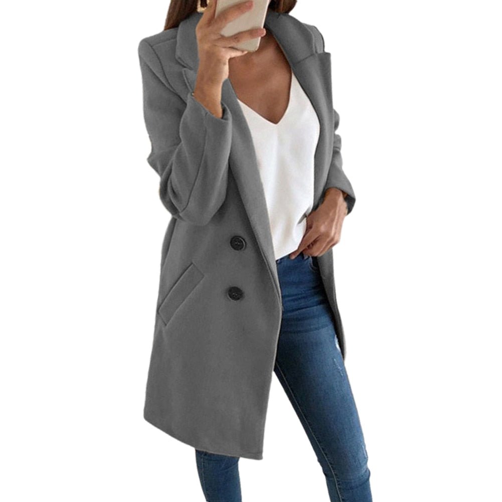 Professional women's long blazer coat, elegant outerwear ideal for office or stylish everyday layering.