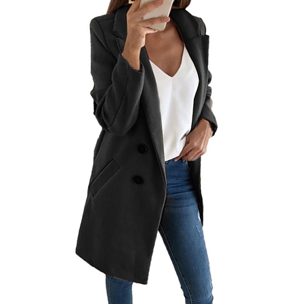 Sophisticated women's long blazer coat, a stylish jacket for elegant layering & modern women's fashion.