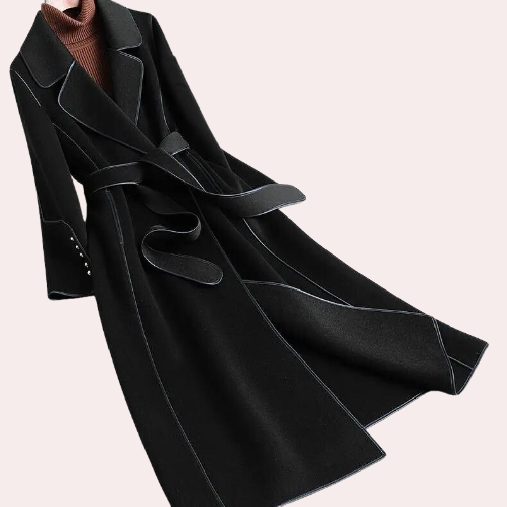 Elegant women's long coat with double buttons & belted waist. Perfect formal or casual fall/winter outerwear.