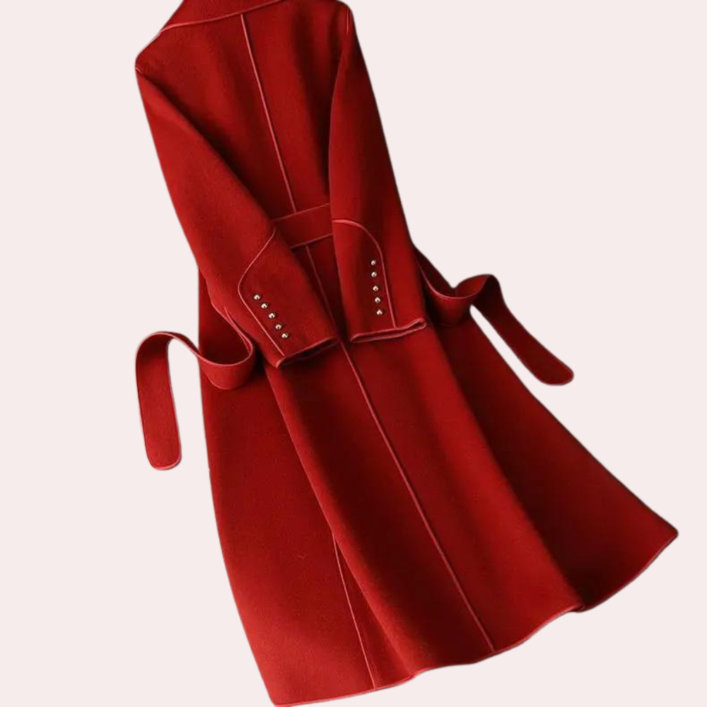 Stylish ladies long coat featuring a chic belted waist & double button closure for versatile formal to casual wear.