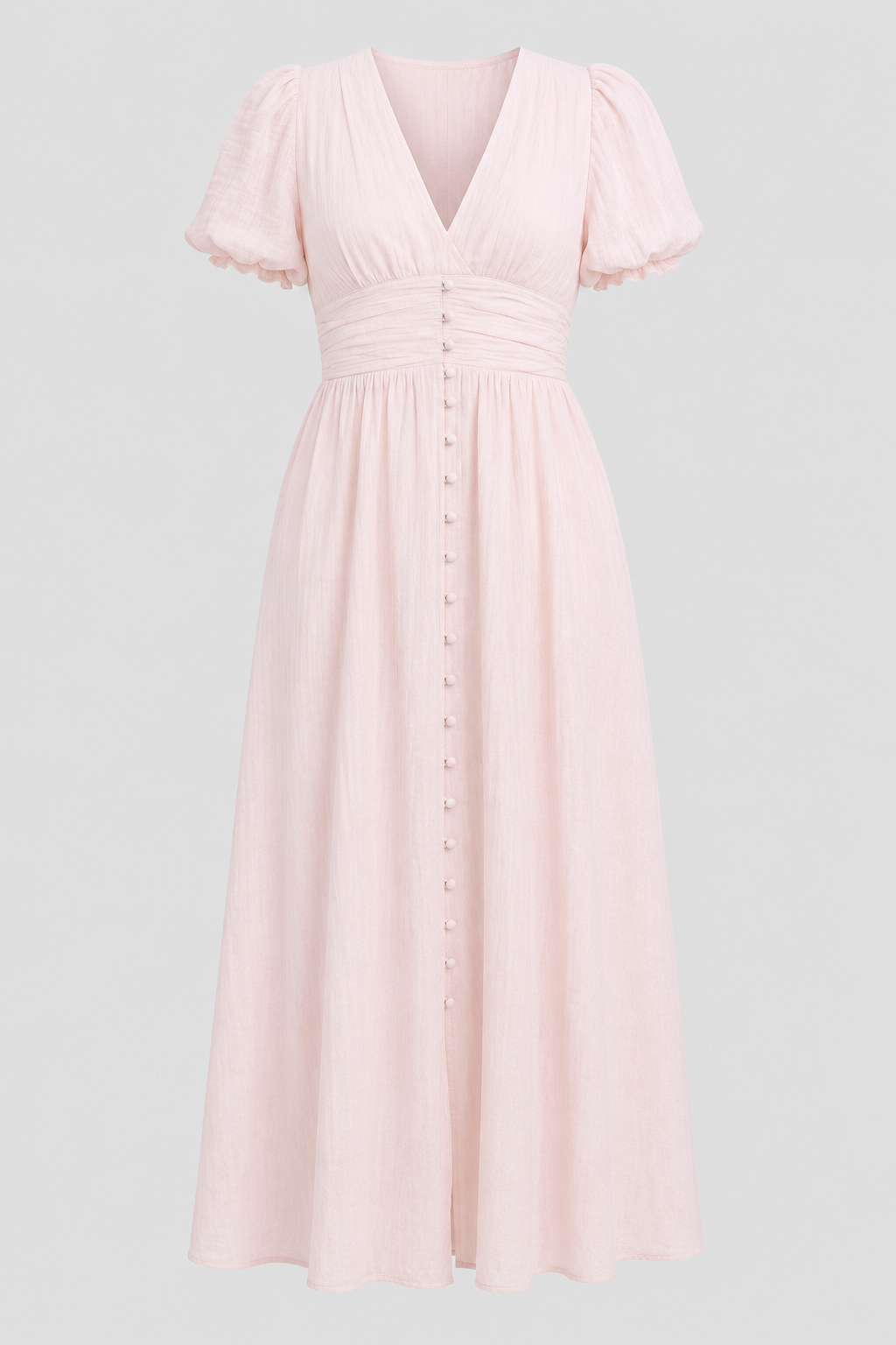 Feminine long summer maxi dress with charming puff sleeves, offering a comfortable and stylish silhouette.