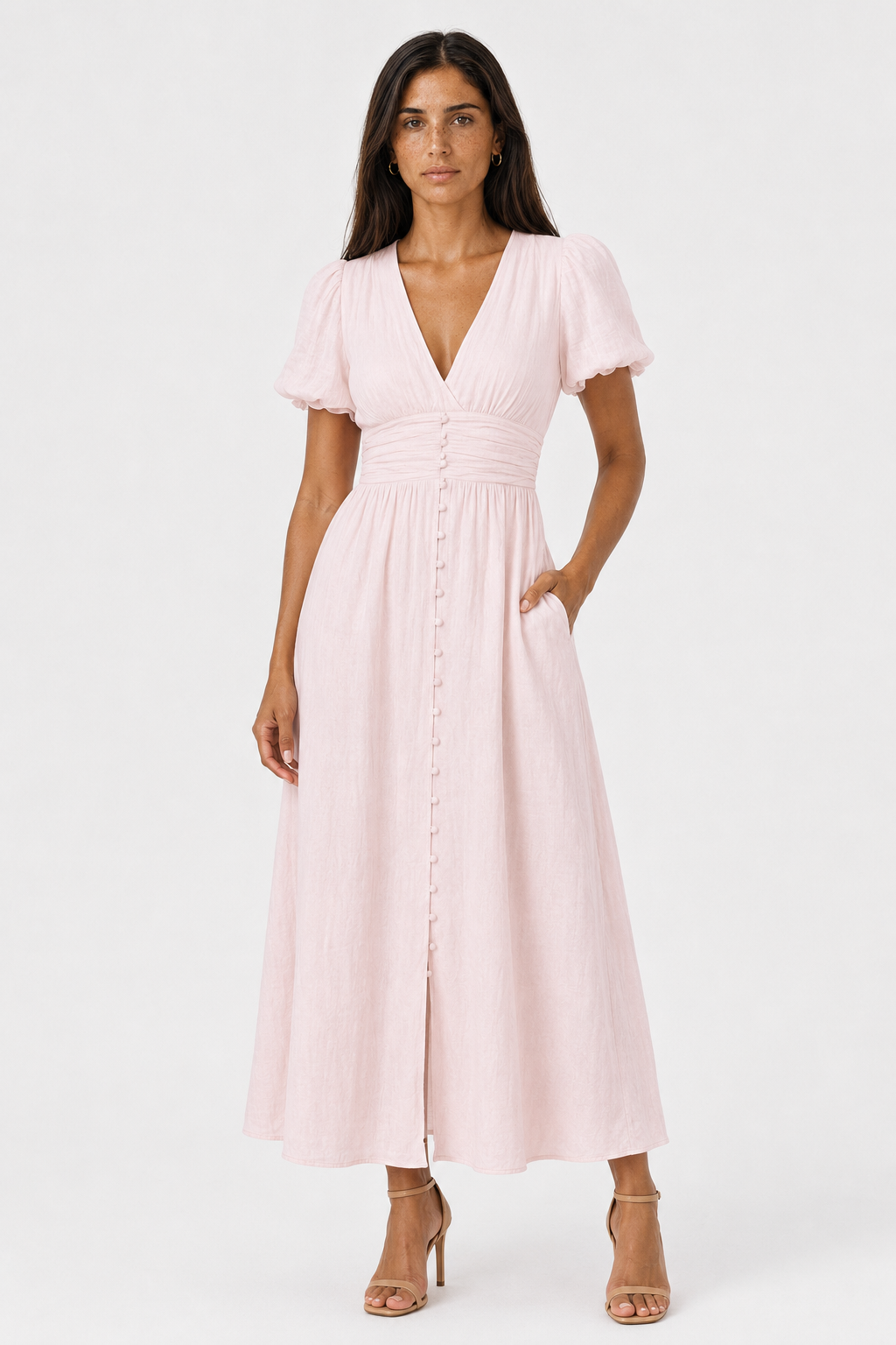 Women's elegant long maxi dress with stylish puff sleeves. A versatile party or casual summer fashion statement.