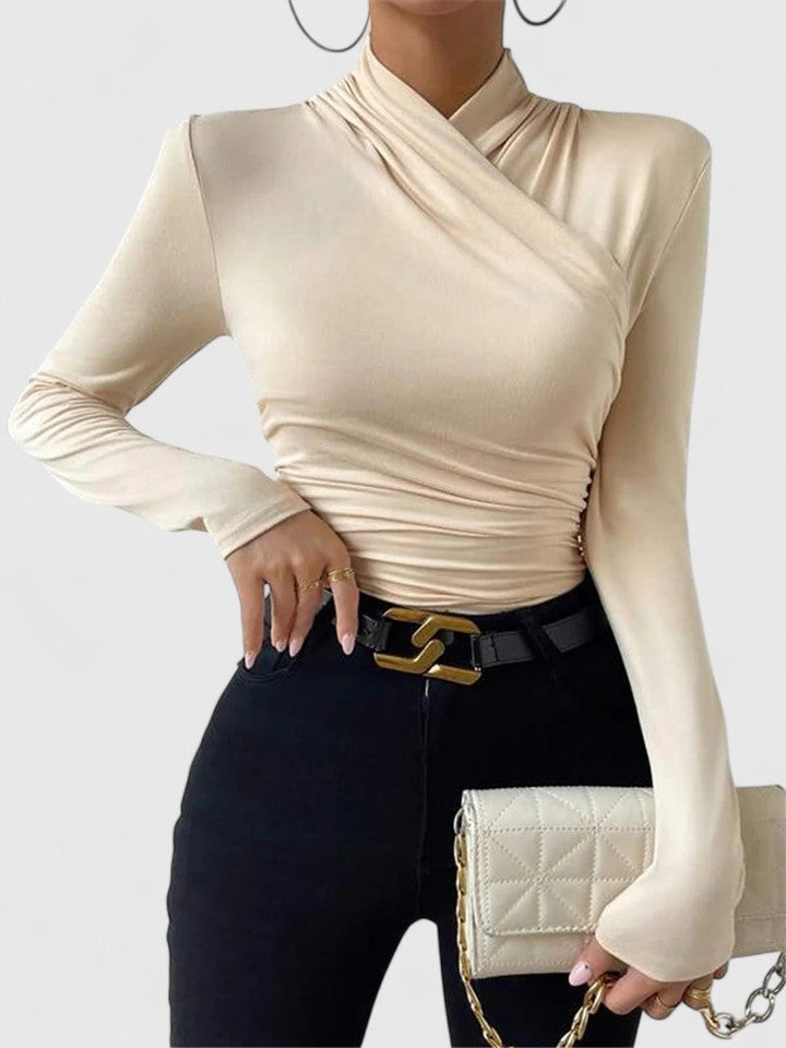 Elegant women's long sleeve criss-cross top, slim fit t-shirt for fall & winter fashion, perfect for casual or work.