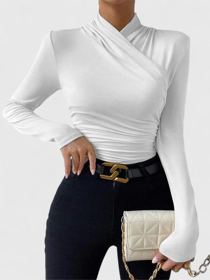 Basic yet elegant women's long sleeve top with criss-cross detail, ideal for winter fashion, work attire & fall.
