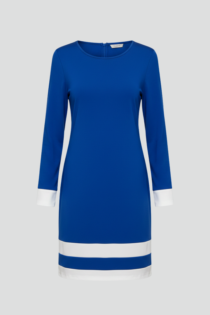 Elegant women's long-sleeve dress with chic contrast trim, perfect for day to night wear.