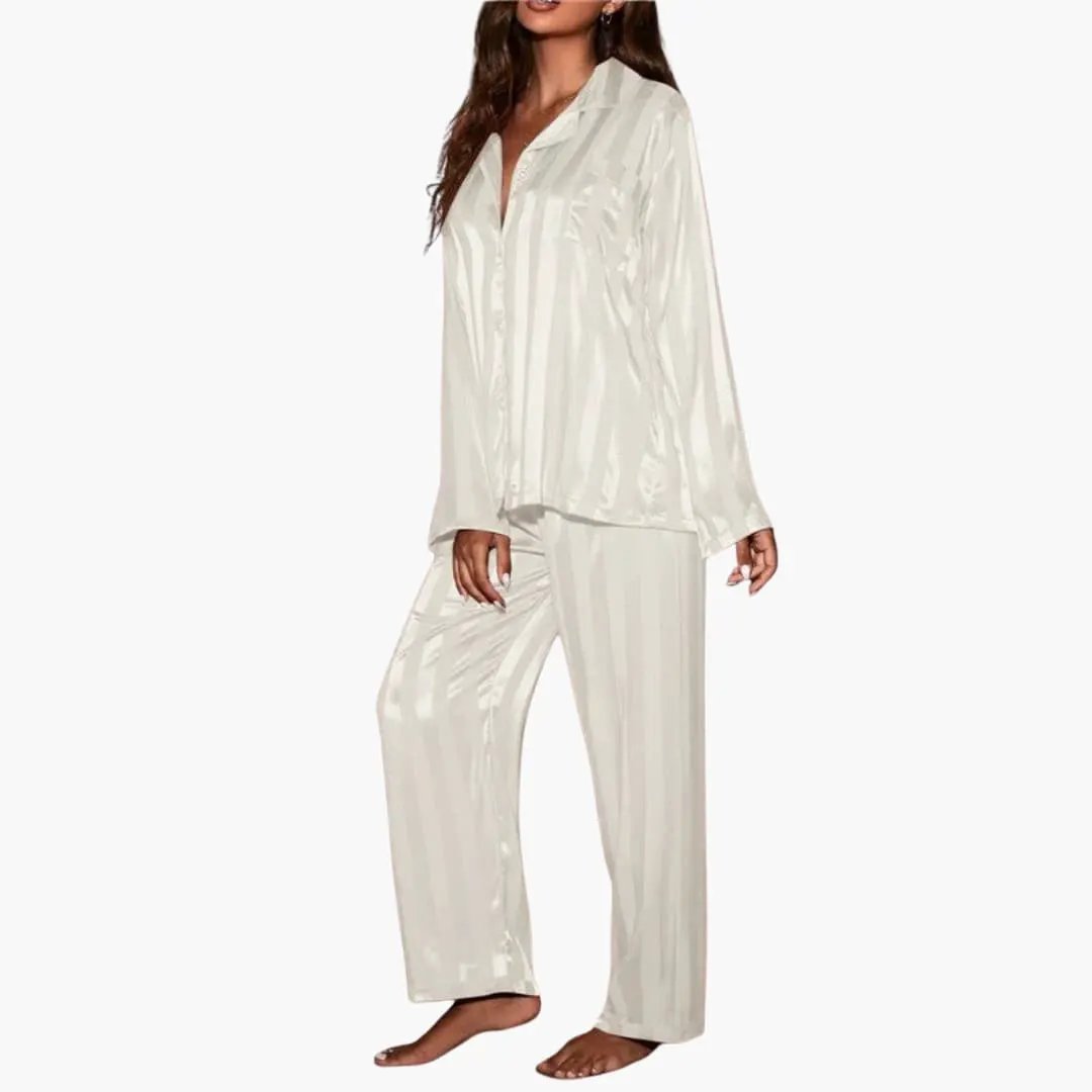 Women's elegant long sleeve pajama set. Two-piece lounge wear for comfortable sleeping or relaxing.