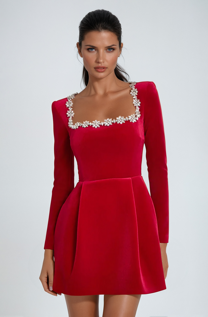 Classy long sleeve mini dress for wedding guests, cocktail receptions, and evening events.