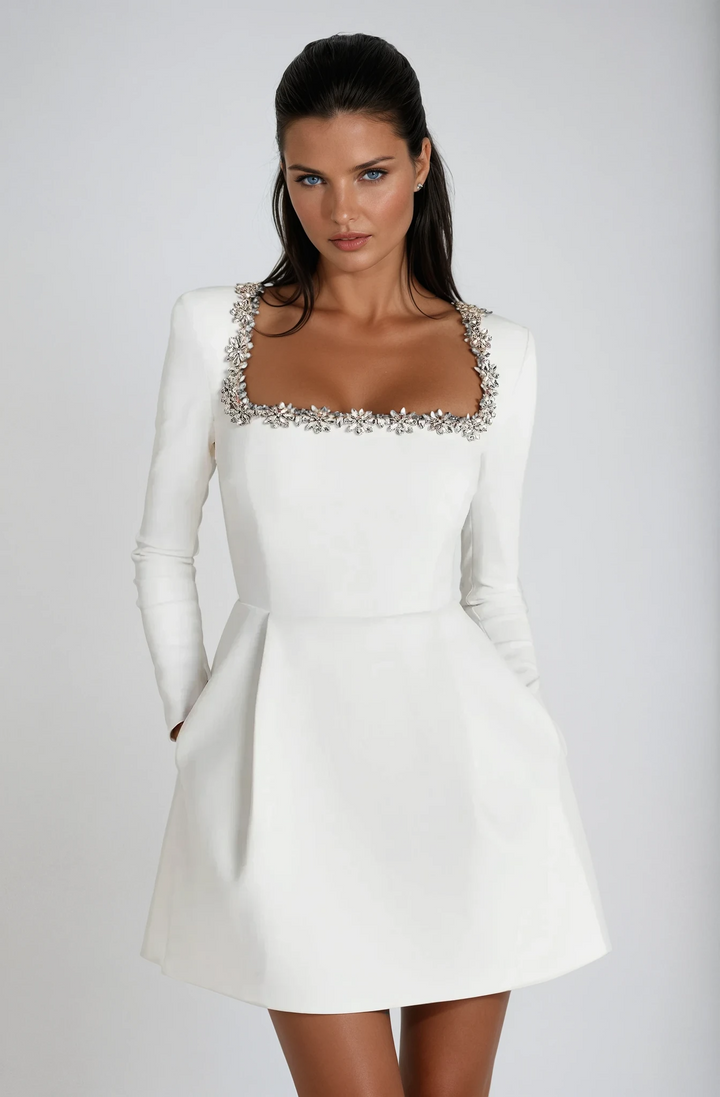 Stylish women's long sleeve mini dress, versatile for elegant party wear or a formal occasion.
