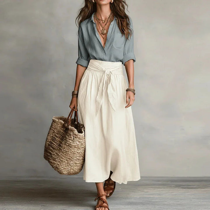 Elegant women's long sleeve skirt two-piece co-ord set with tie-waist, perfect for office or chic casual wear.