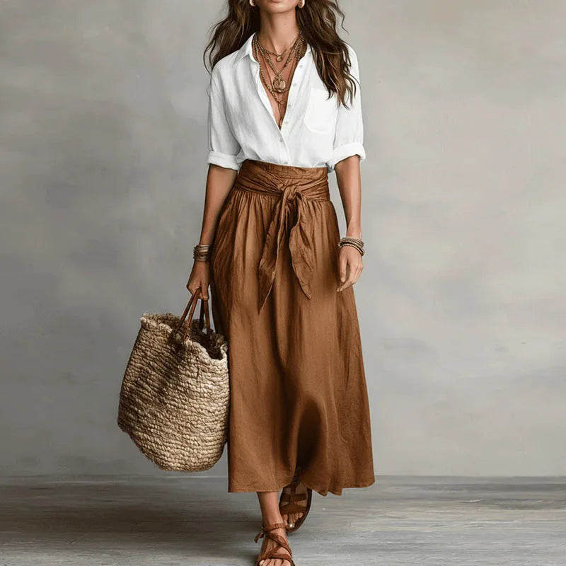 Chic women's matching long sleeve skirt set, a versatile two-piece outfit for elegant office attire or casual events.