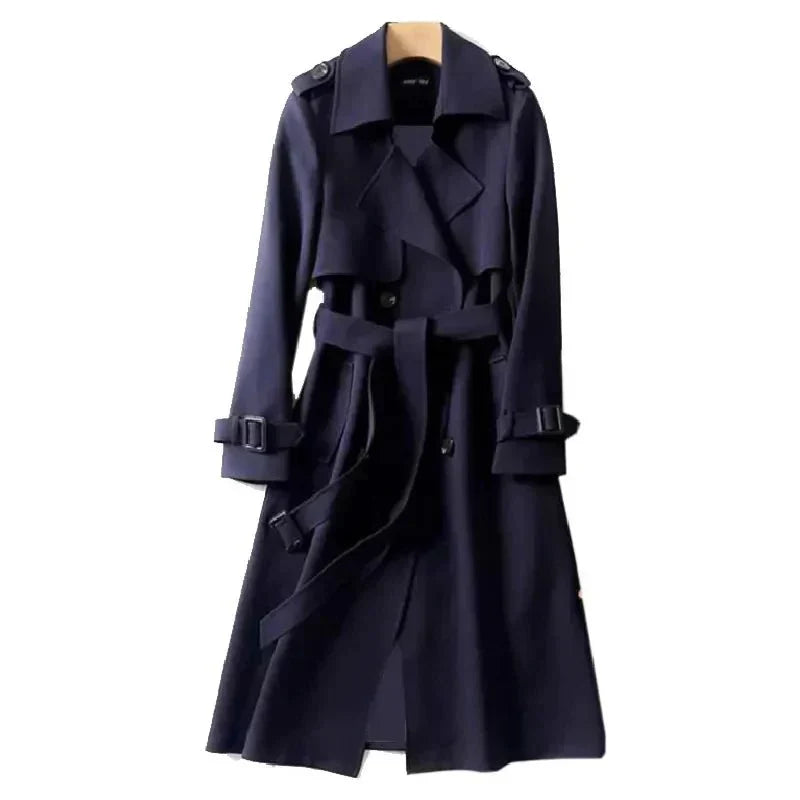 Classic women's long trench coat. Double-breasted, with a tie belt, ideal for elegant fall & office fashion.