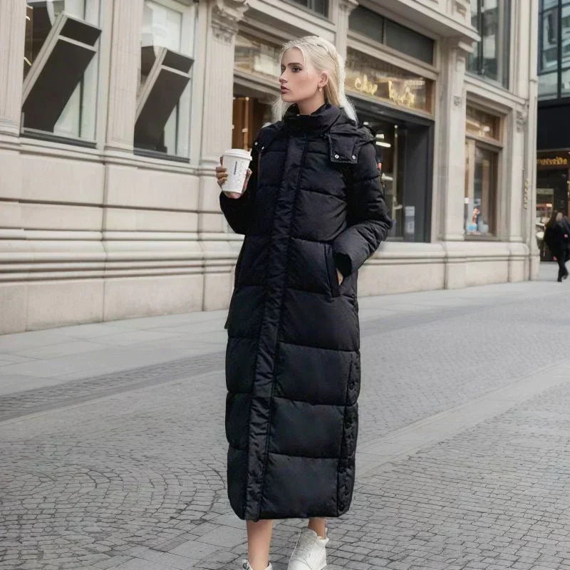 Elegant women's long winter coat, warm & stylish, perfect for cold weather.