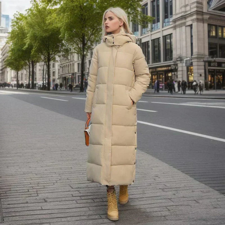 Elegant women's long winter coat, designed for warmth, style, and cold weather.