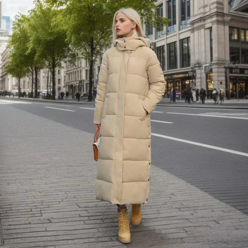 Warm ladies' long winter coat, classic style for elegant, comfortable winter fashion.