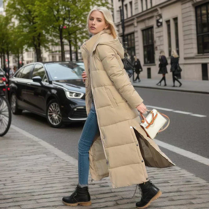 Warm women's long winter coat, durable and elegant, a cold-weather essential.