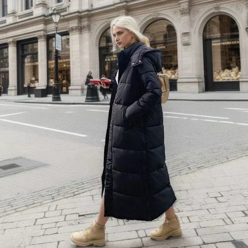Fashionable women's long winter coat, a classic choice for cold weather elegance.